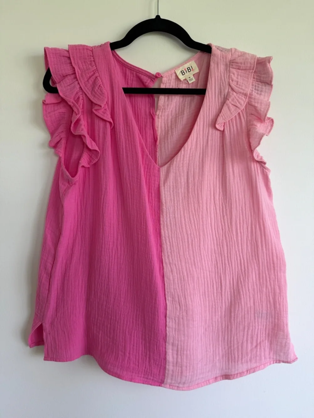 BiBi Two-Tone Pink Ruffle V-Neck Blouse - Picture 1 of 6